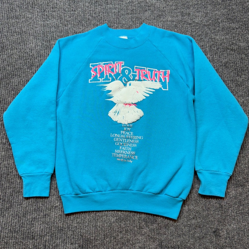 Christian Religious Spirit Truth Fruit of the Loom Dove Sweatshirt M Blue Retro